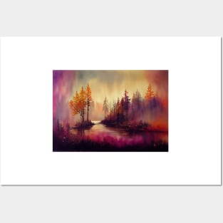 Trees On An Island In A Lake During Sunrise, Landscape Oil Painting Posters and Art